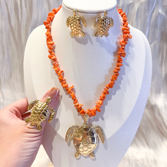 Look Bali Tortuga(piedra 3 colores collar & pendiente & anillo)
