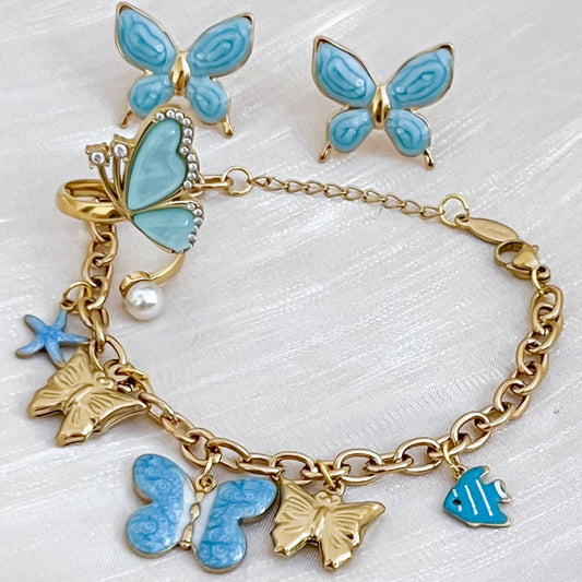 Look París Mariposa(Esmaltado 2colores Anillo&Pulsera&Pendiente)