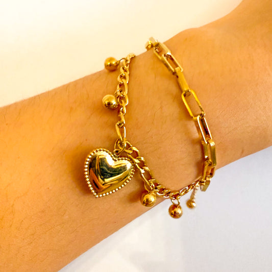 Pulsera Doble Encanto(Corazón y eslabones dorados)– Acero Inoxidable