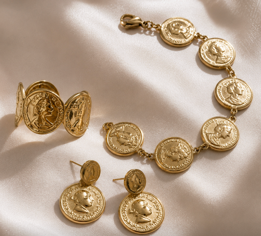 Look Moneda Roma ( pulsera pendientes anillo)