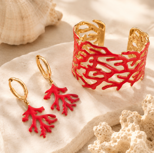 Look coral rojo (Brazalete &pendiente)