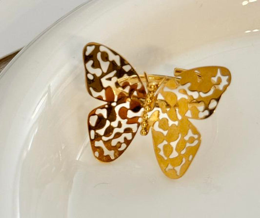 Anillo mariposa dorado -luna ambar-acero inoxidable