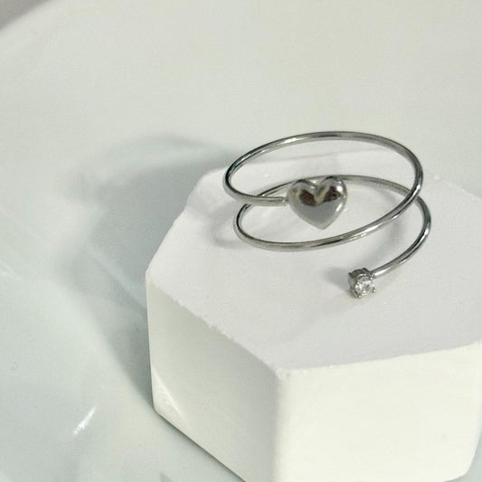 Anillo de Corazon con brillo Ajustable Plateado