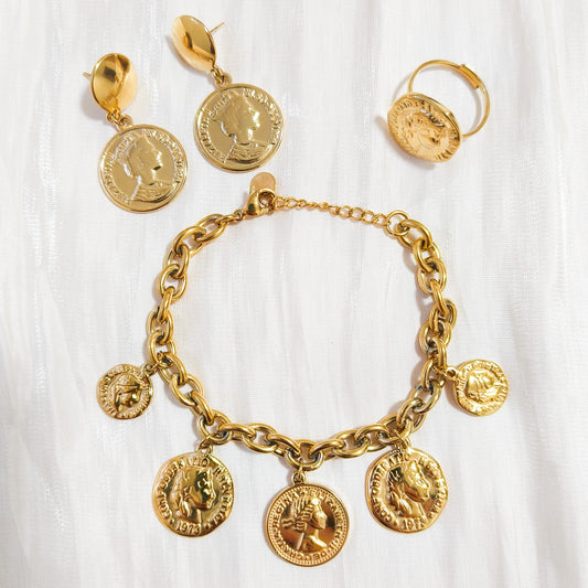 Look Monedas Antiguas Roma Dorada ( anillo + pulsera + pendiente)