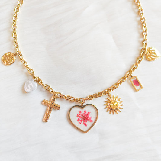 Collar Corazón con Flor Rosa Amsterdam