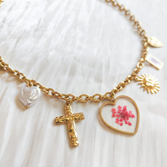 Collar Corazón con Flor Rosa Amsterdam