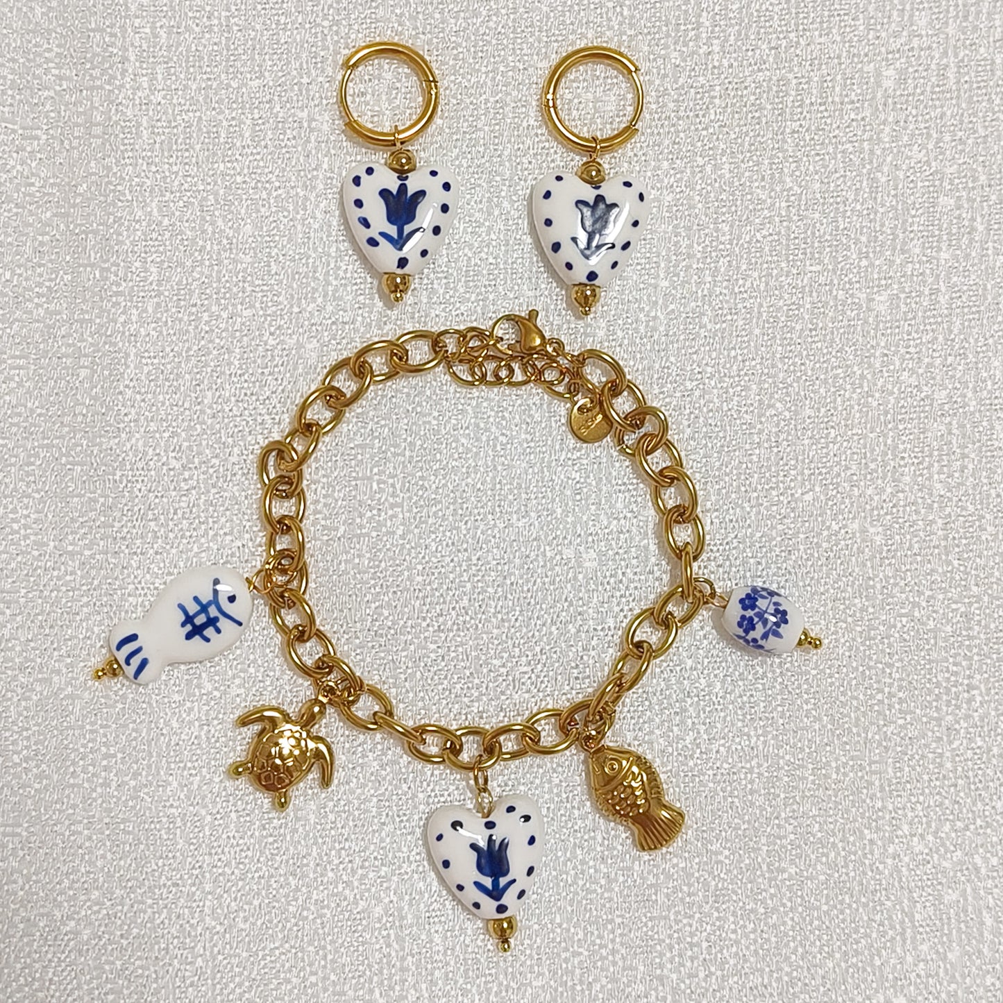 Look Porcelana Blue ( pendientes+ pulsera) ( corazón, tulipan, mariposa)
