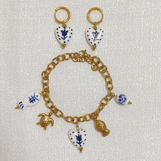 Look Porcelana Blue ( pendientes+ pulsera) ( corazón, tulipan, mariposa)