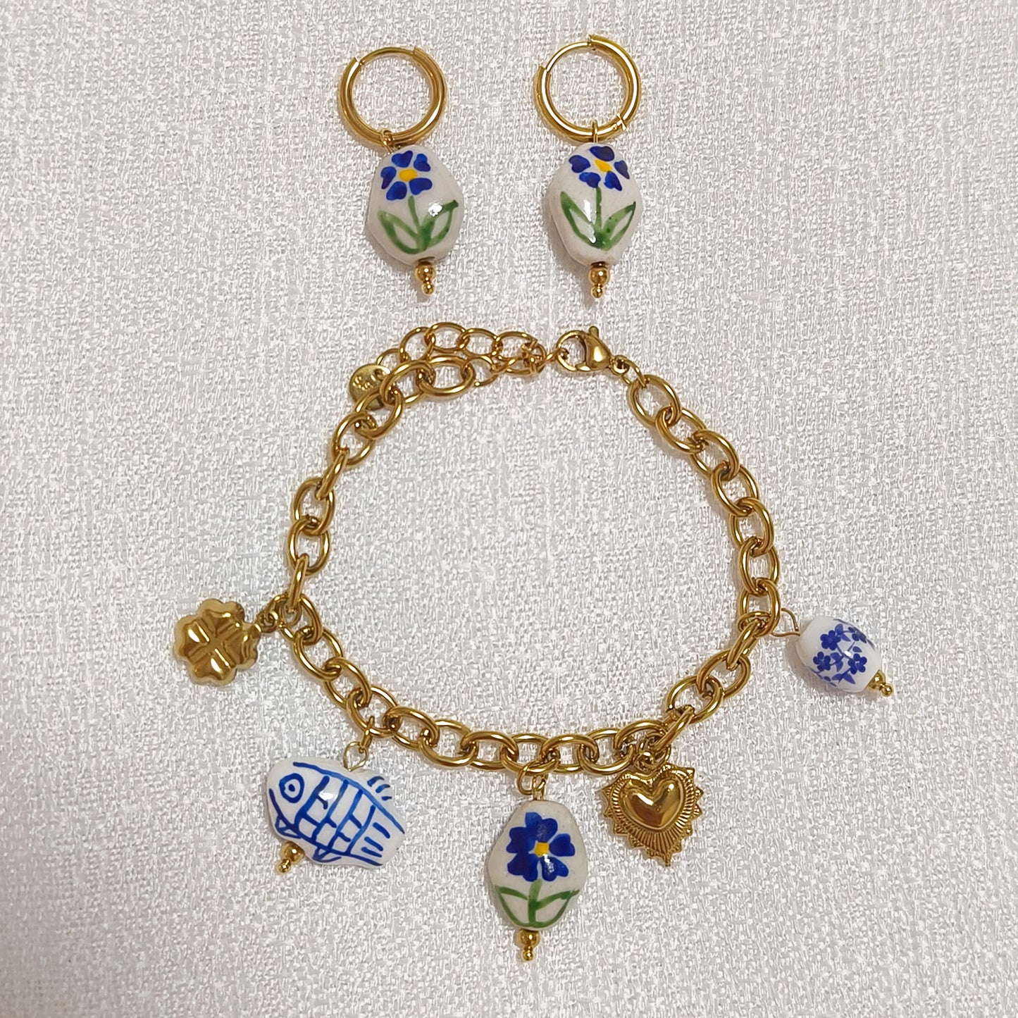 Look Porcelana Blue ( pendientes+ pulsera) ( corazón, tulipan, mariposa)