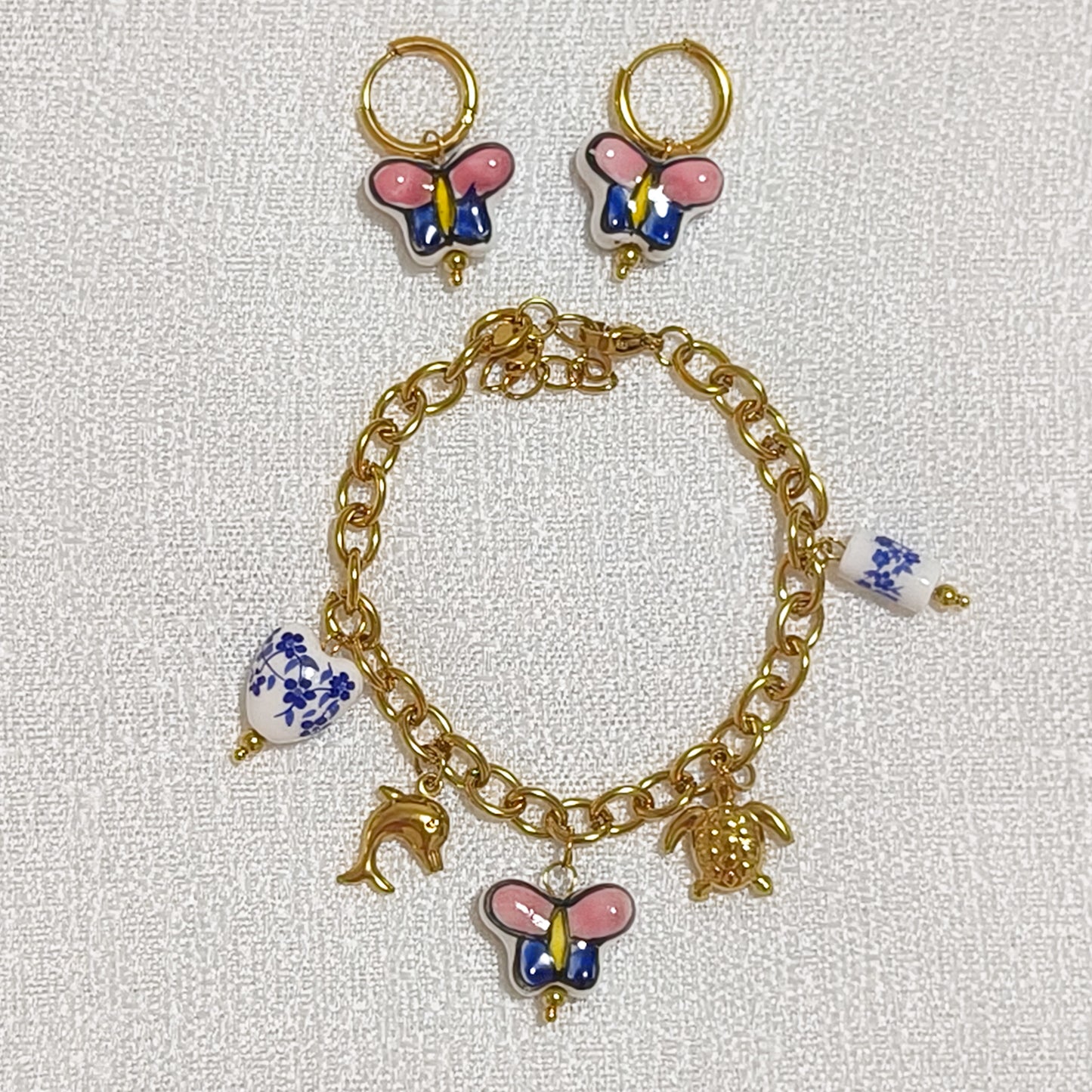 Look Porcelana Blue ( pendientes+ pulsera) ( corazón, tulipan, mariposa)