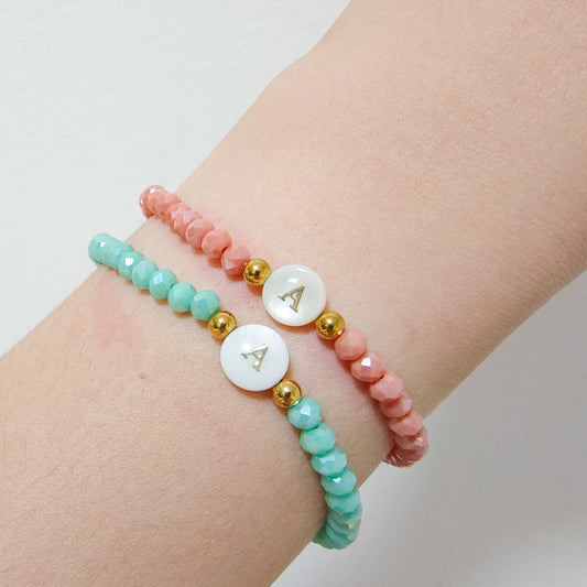 Set de 2 pulseras elástica letra Inicial nácar