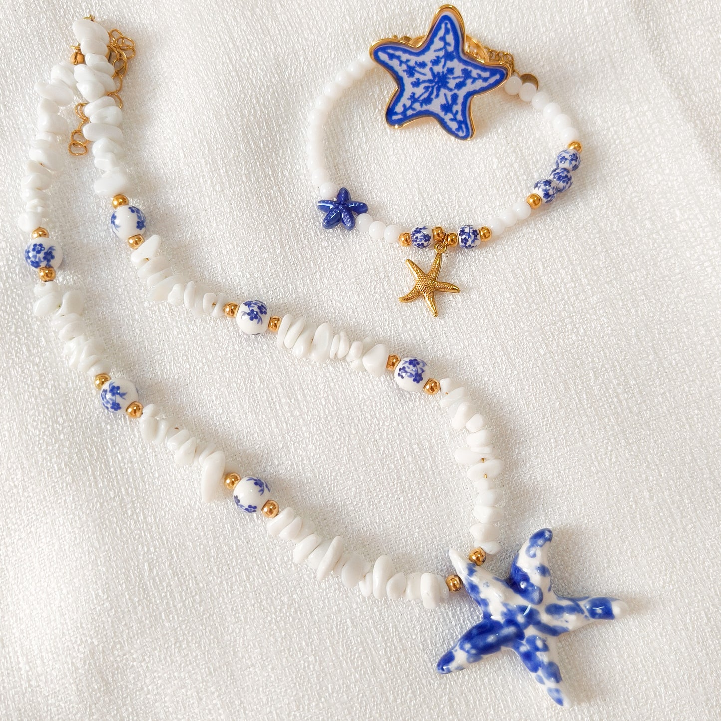 Look Estrella Marina Delft Blue ( collar +pulsera + anillo, acero y ajustable)