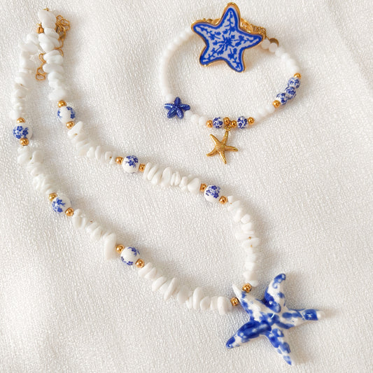 Look Estrella Marina Delft Blue ( collar +pulsera + anillo, acero y ajustable)