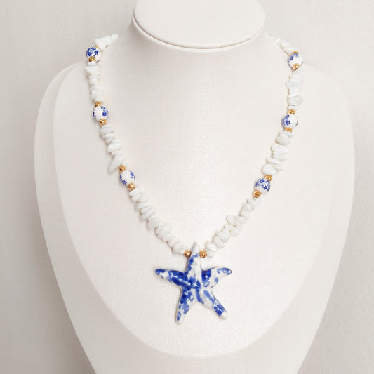 Look Estrella Marina Delft Blue ( collar +pulsera + anillo, acero y ajustable)