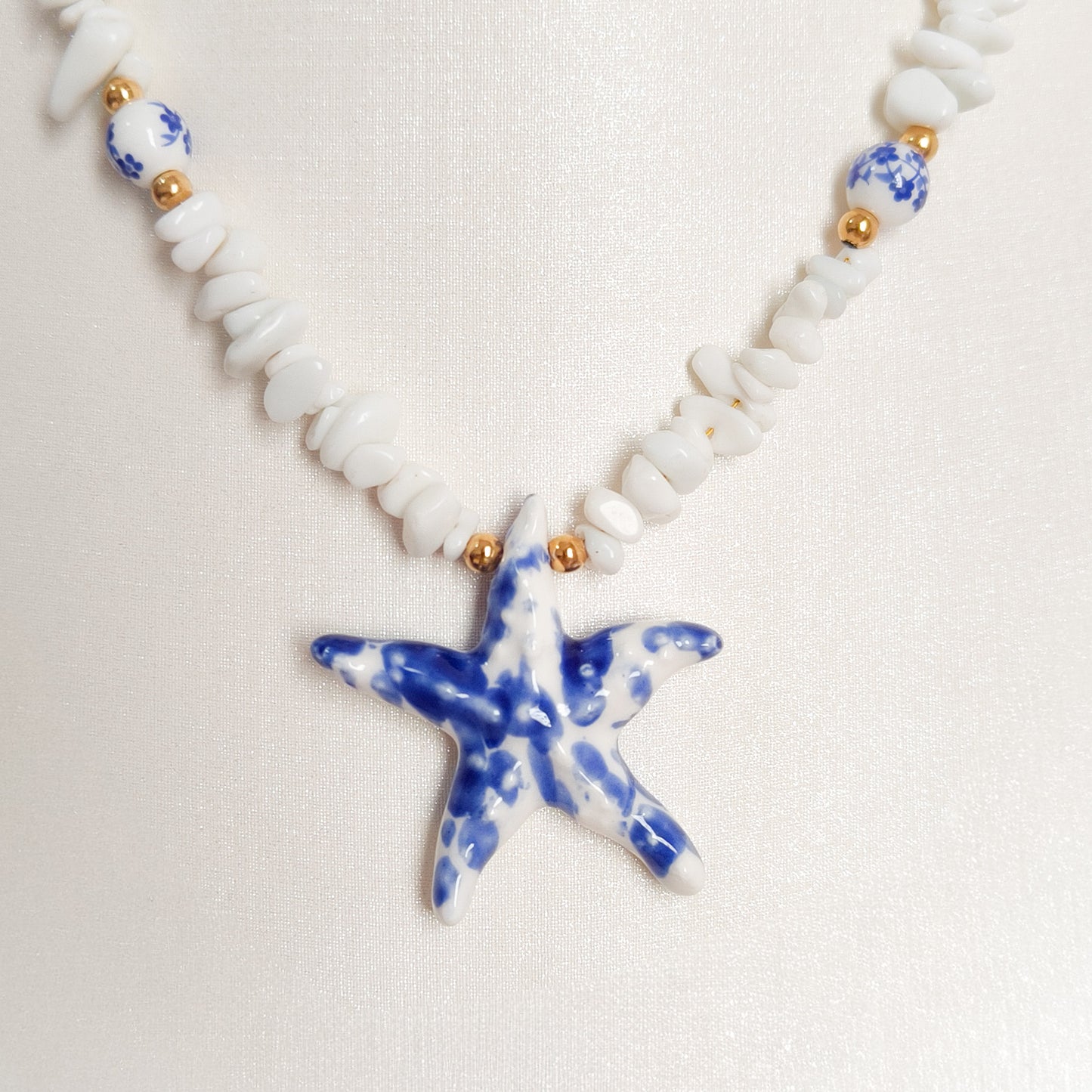 Look Estrella Marina Delft Blue ( collar +pulsera + anillo, acero y ajustable)