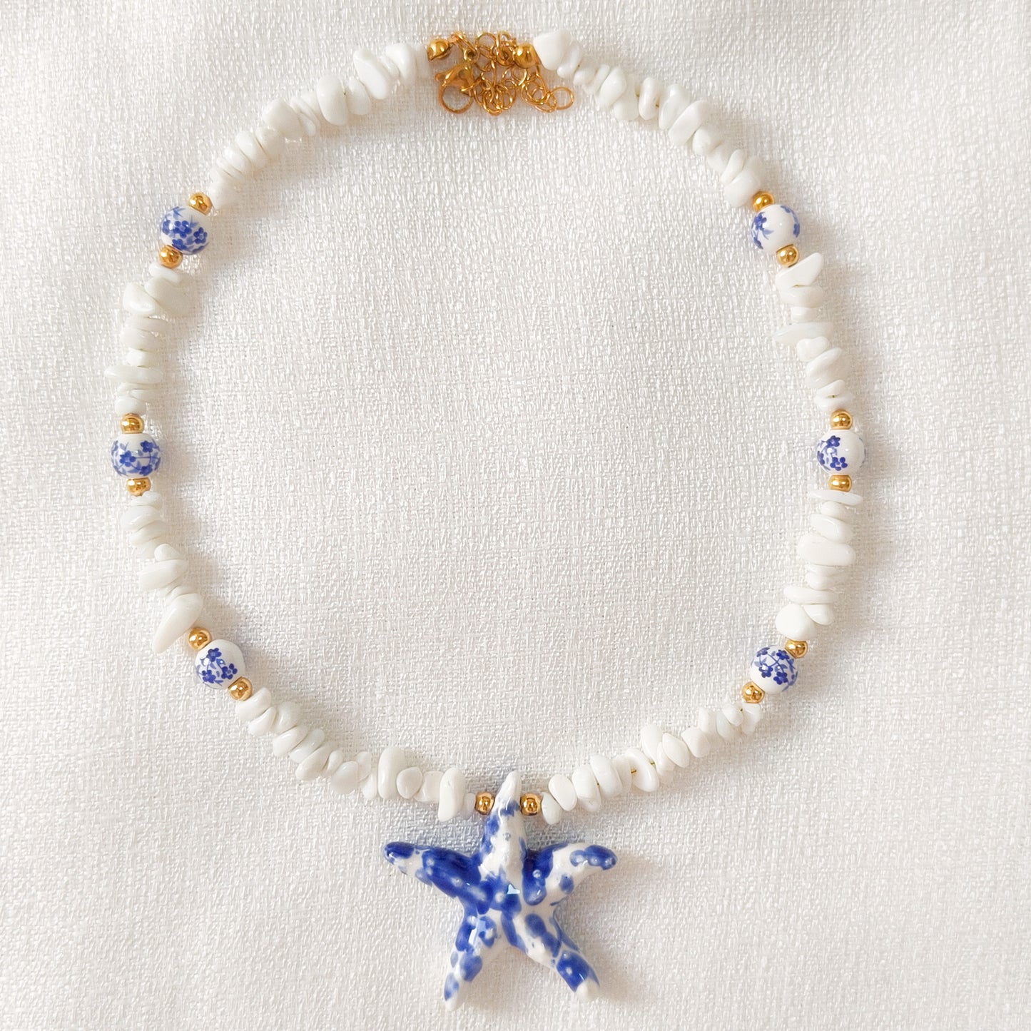 Look Estrella Marina Delft Blue ( collar +pulsera + anillo, acero y ajustable)