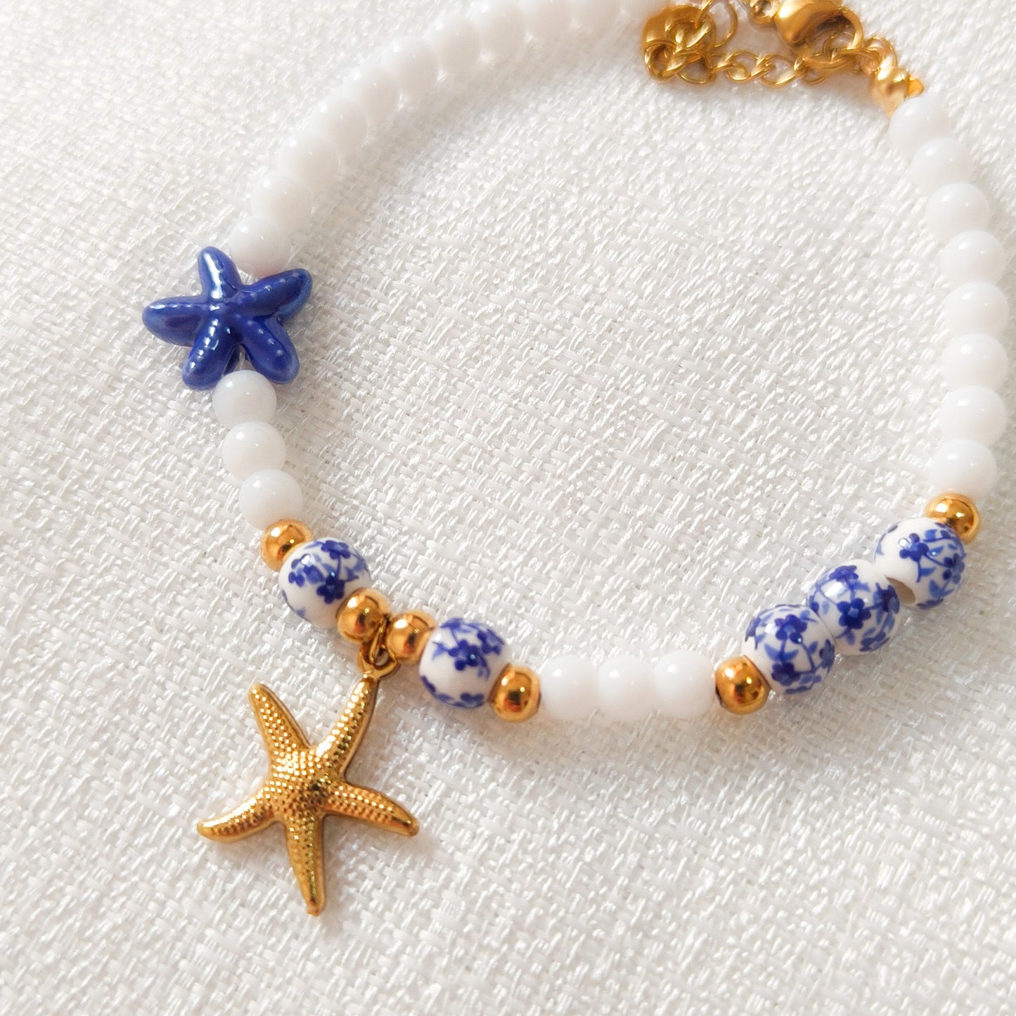 Look Estrella Marina Delft Blue ( collar +pulsera + anillo, acero y ajustable)