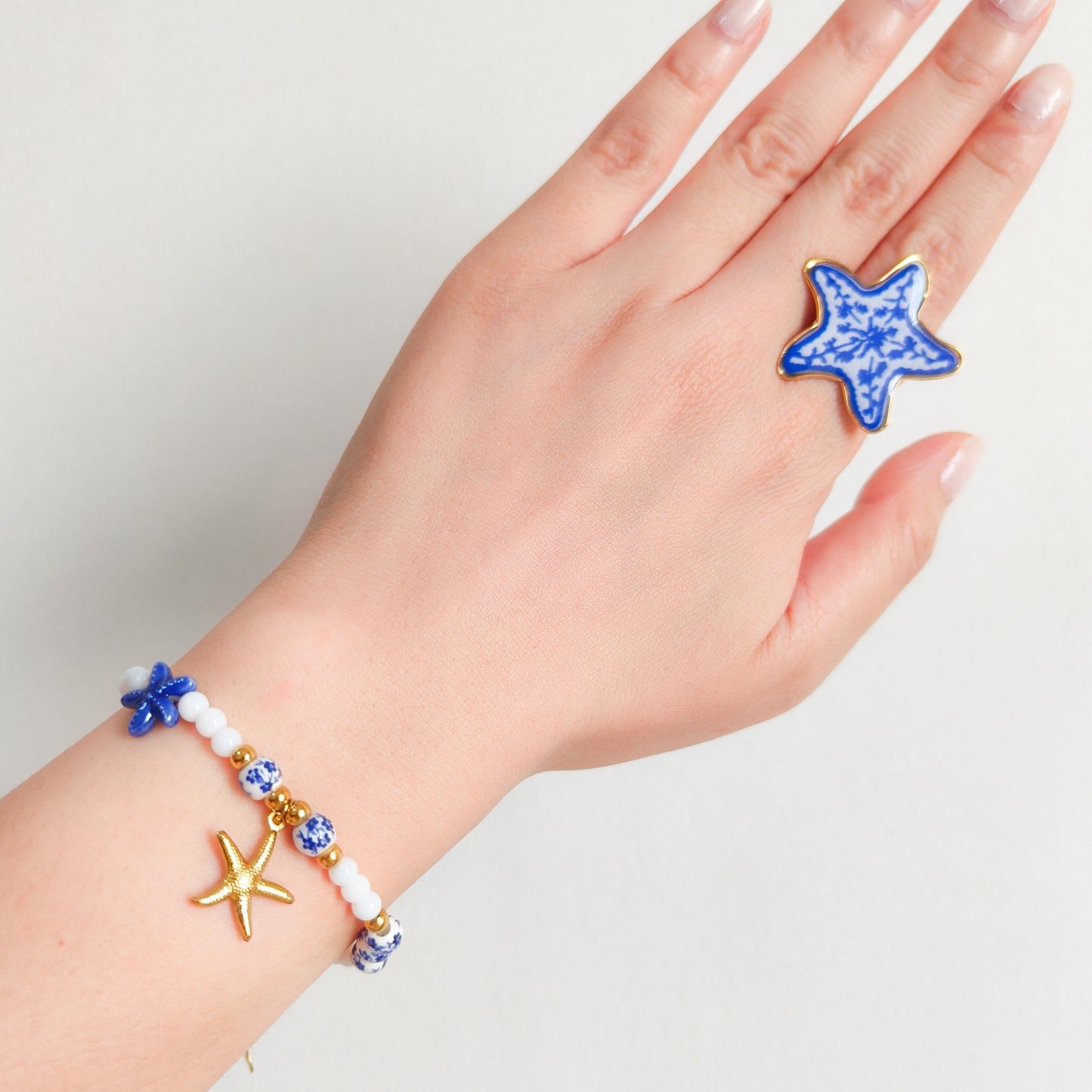 Look Estrella Marina Delft Blue ( collar +pulsera + anillo, acero y ajustable)