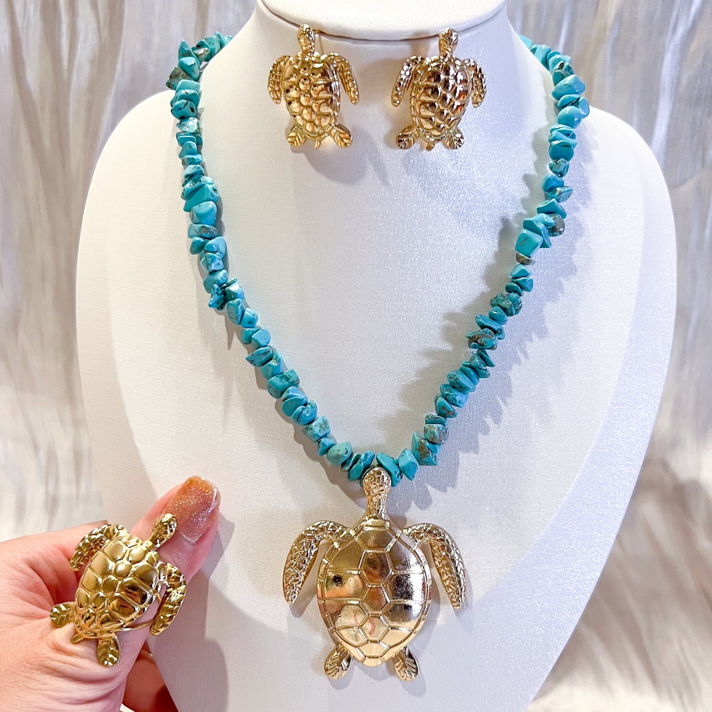 Look Bali Tortuga（piedra 3 colores collar & pendiente & anillo）
