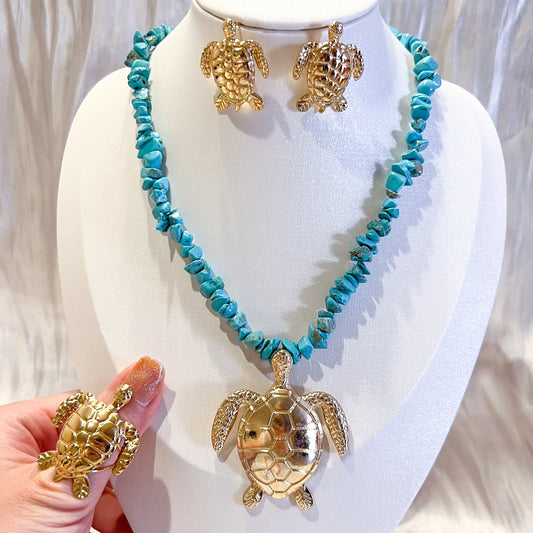 Look Bali Tortuga（piedra 3 colores collar & pendiente & anillo）