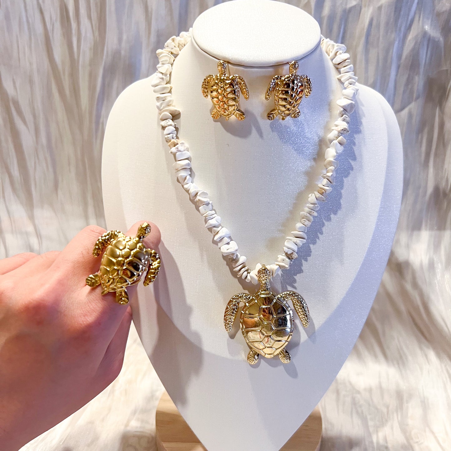 Look Bali Tortuga（piedra 3 colores collar & pendiente & anillo）