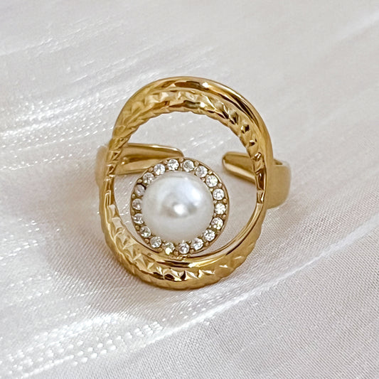 Anillo Atenea Perla Blanca (ajutable）