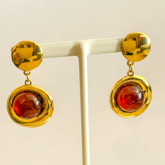 Pendientes Oro Circular（Círculo con piedra color miel） – Acero Inoxidable