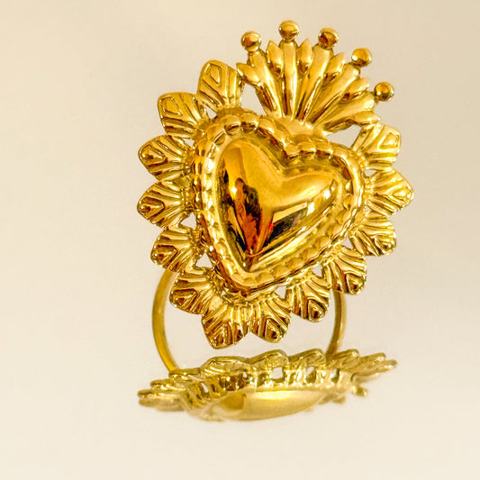 Anillo Corazón Sagrado – Dorado Vintage-Acero Inoxidable (Ajustable)