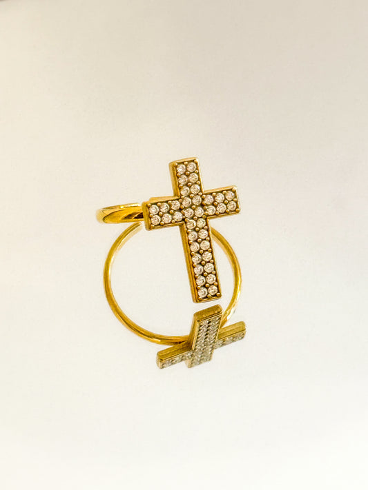 Anillo Cruz Dorada（Diseño geométrico brillante）– Acero Inoxidable (Ajustable)