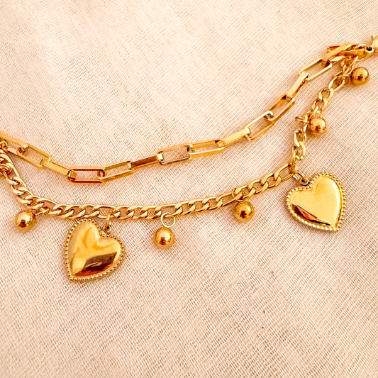 Pulsera Doble Encanto（Corazón y eslabones dorados）– Acero Inoxidable