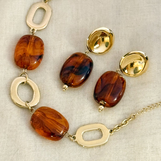 Look Áureo Ambarado（Collar + Pendientes）