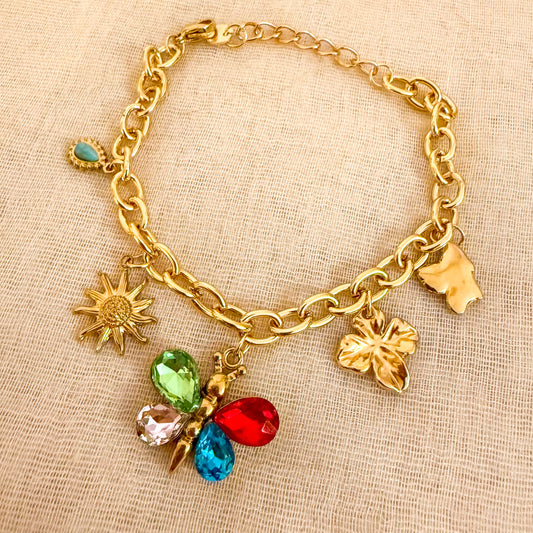 Pulsera Charms Aurora (Mariposa + Sol + Hojas)