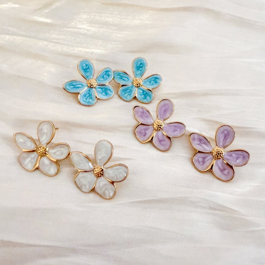 Pendientes Flor Cielo  3 Colores（Flor Esmaltada Azul Serena）